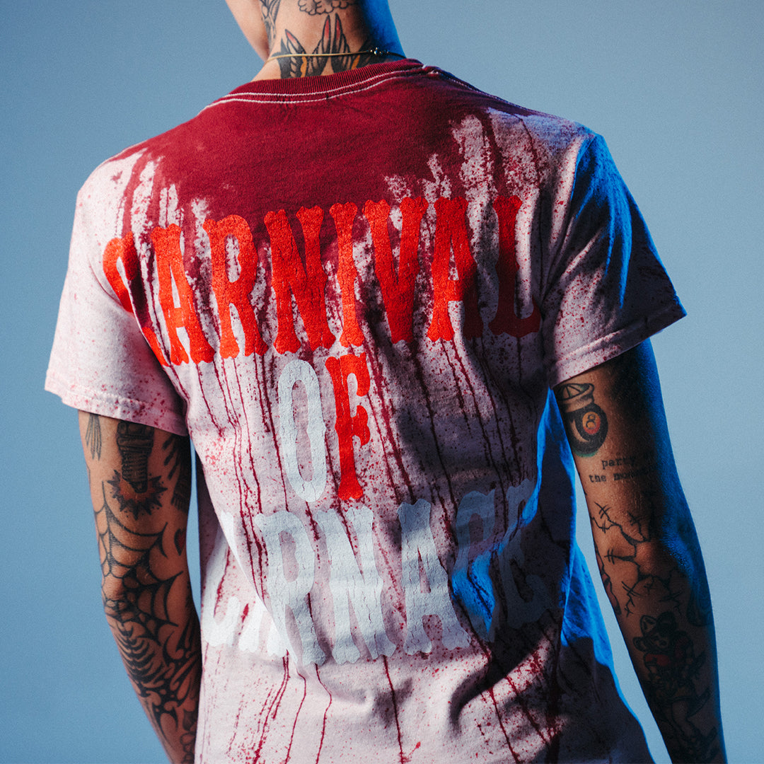 "Carnival Of Carnage Vintage" Womens One-Size T-Shirt In Red Blood Splatter Dye