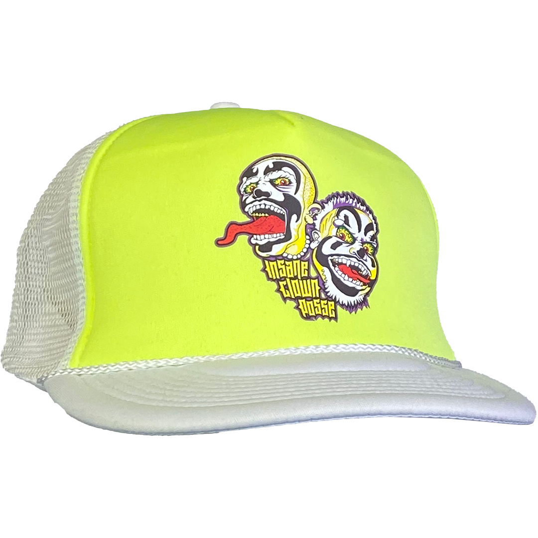 "Spooky Clowns" Trucker Hat In White And Neon Yellow