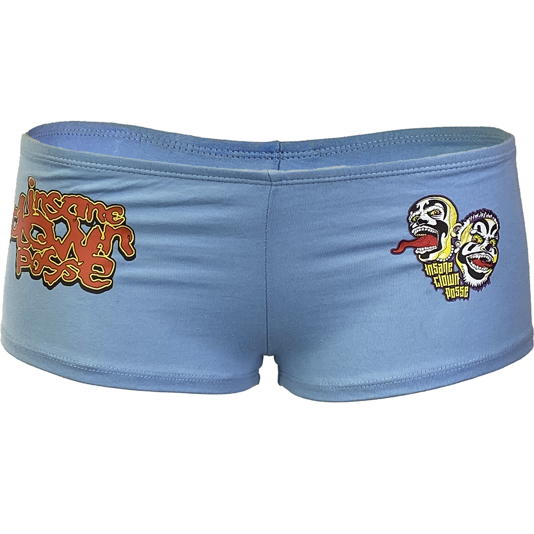 "Stack Logo Spooky Clowns" Booty Shorts In Light Blue