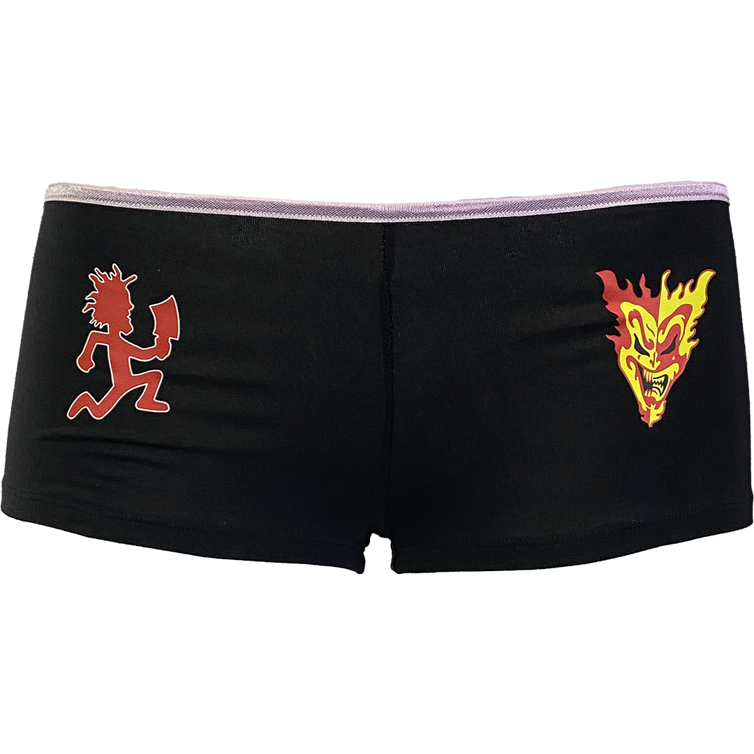 "Hatchetman Jeckel Brothers" Booty Shorts In Black With Pink Waist
