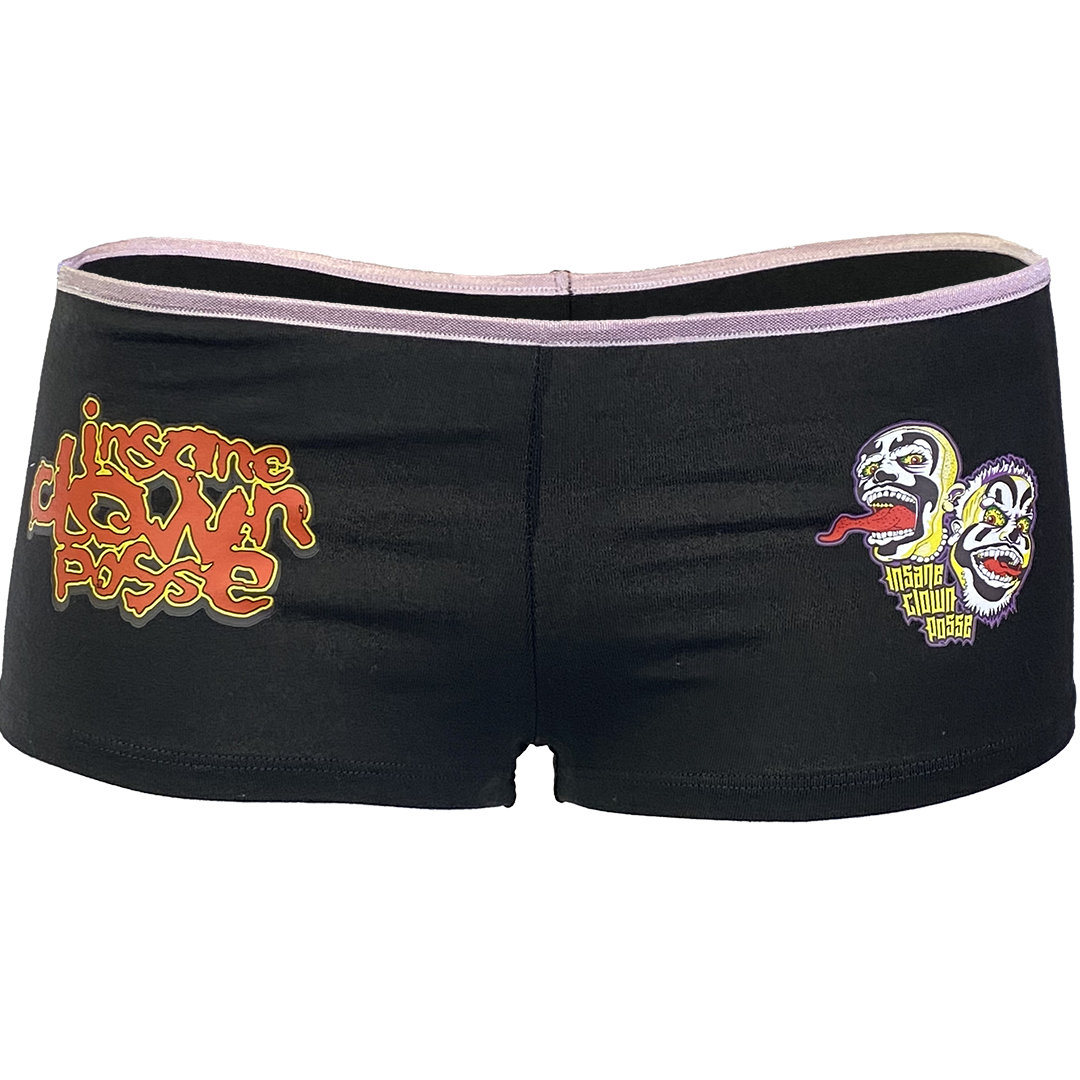 "Stack Logo Spooky Clowns" Booty Shorts In Black With Pink Waist