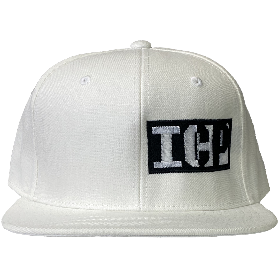 "Block Logo" Fitted Flat Bill Hat In White