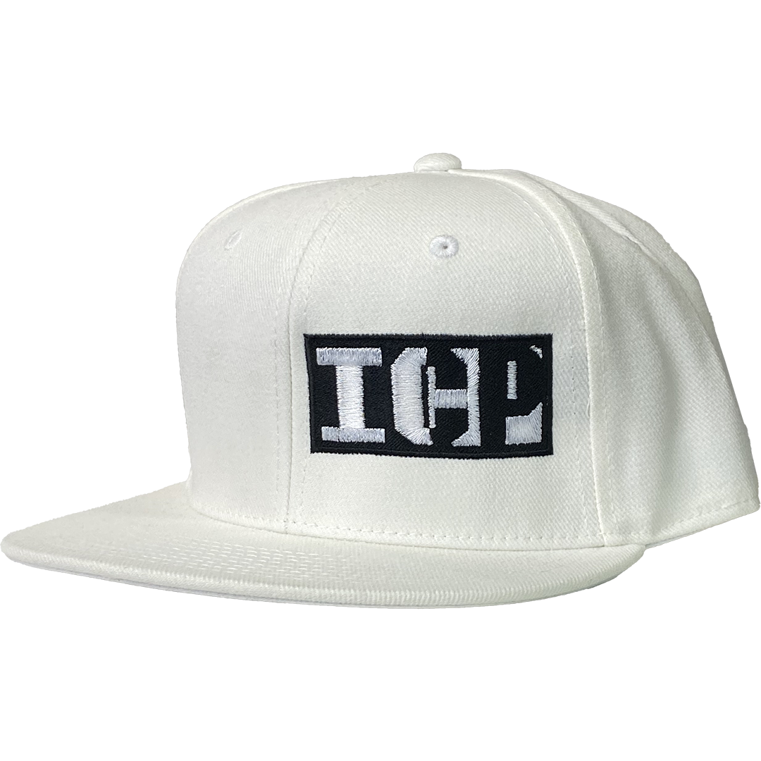 "Block Logo" Fitted Flat Bill Hat In White