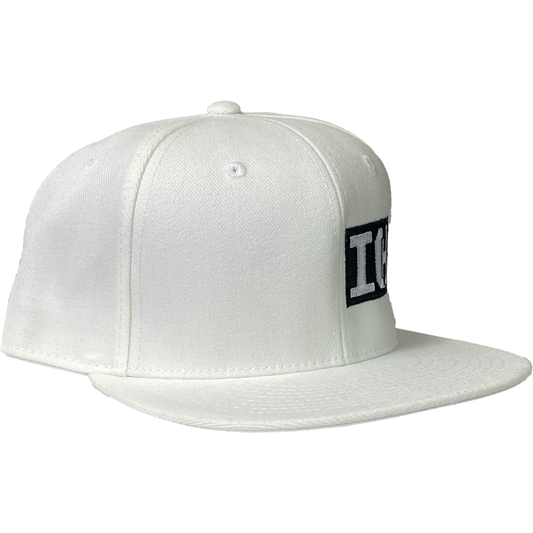 "Block Logo" Fitted Flat Bill Hat In White