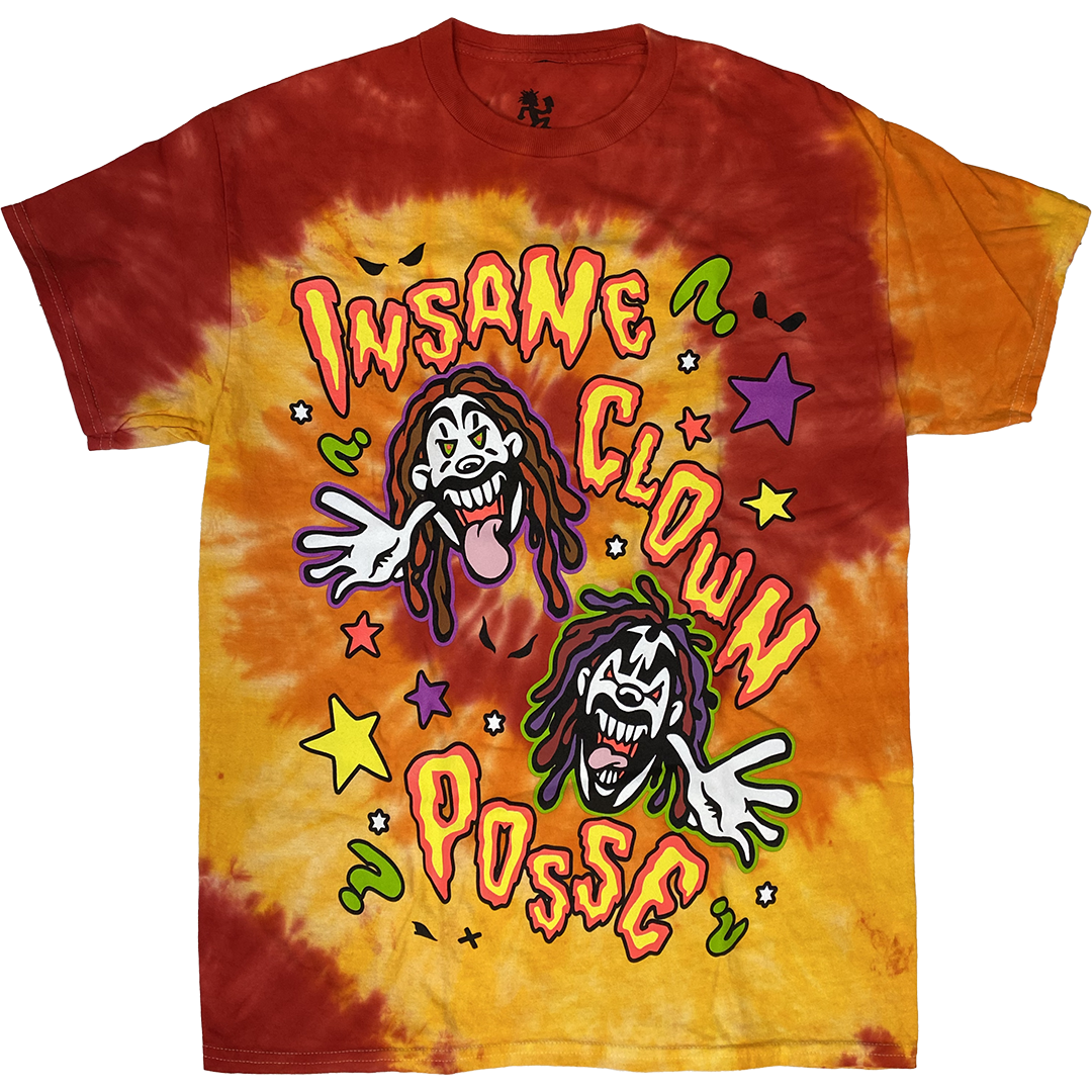 "Cartoon Clowns" T-Shirt In Tie Dye Red And Orange
