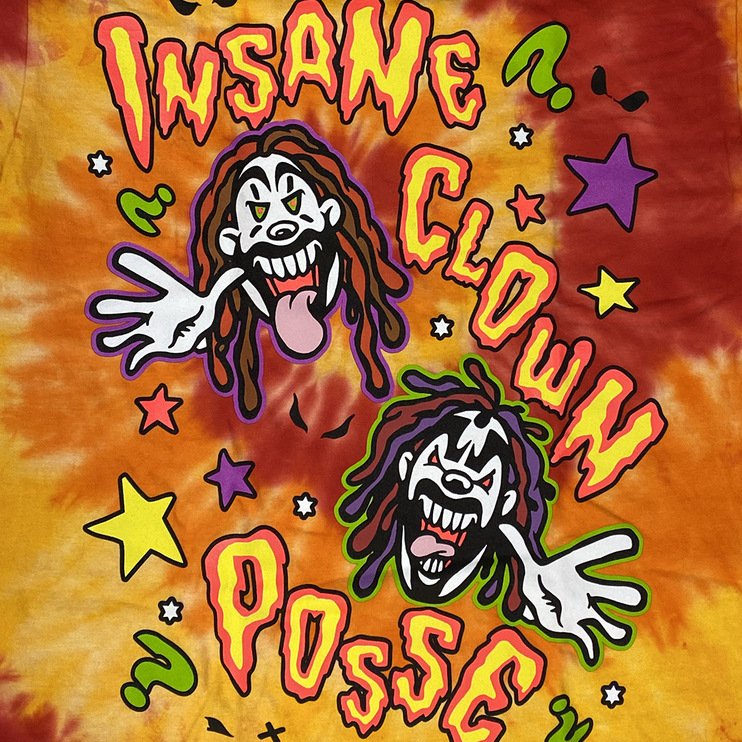 "Cartoon Clowns" T-Shirt In Tie Dye Red And Orange