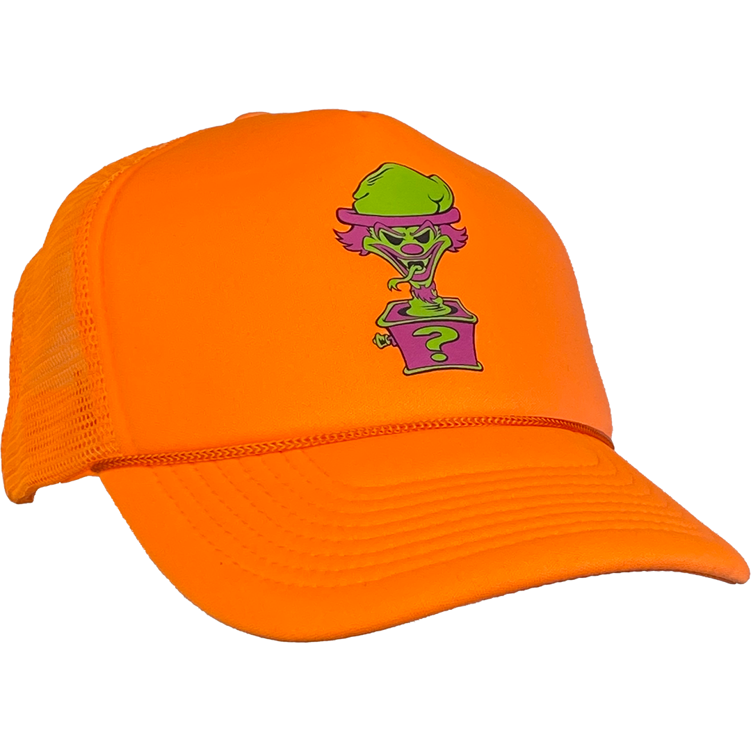 "Riddle Box" Trucker Hat In Neon Orange