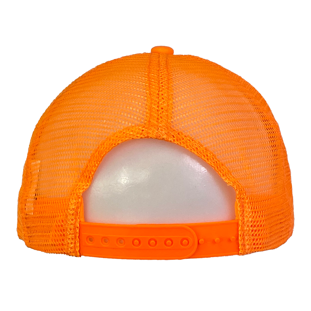 "Riddle Box" Trucker Hat In Neon Orange