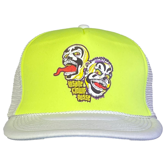 "Spooky Clowns" Trucker Hat In White And Neon Yellow