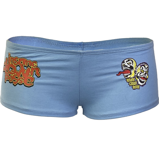 "Stack Logo Spooky Clowns" Booty Shorts In Light Blue