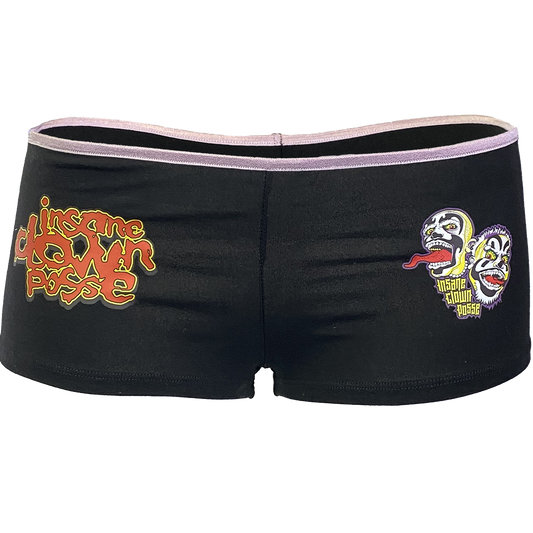 "Stack Logo Spooky Clowns" Booty Shorts In Black With Pink Waist