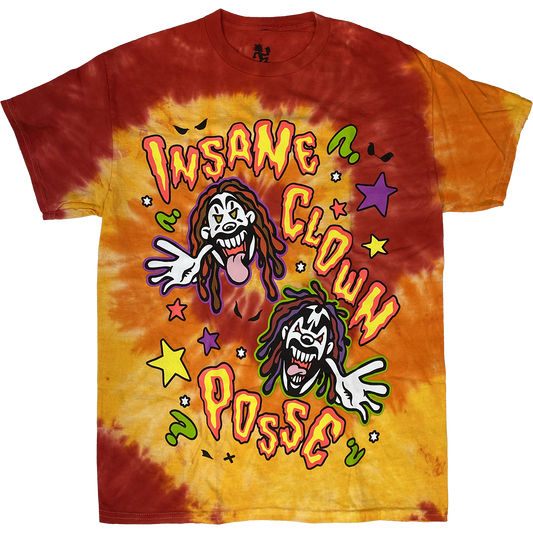 "Cartoon Clowns" T-Shirt In Tie Dye Red And Orange